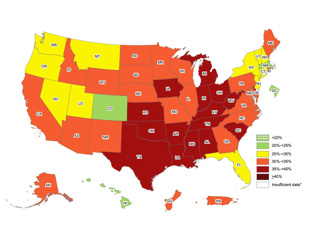 Map of Self Reported Obesity in the US in 2020